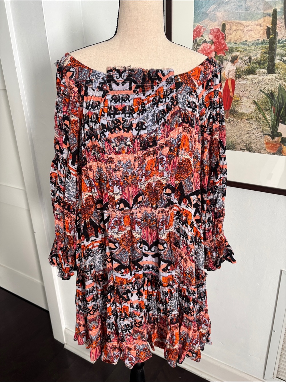 Free People Off-Shoulder Floral & Geometric Mini Dress in Coral, Black & Pink